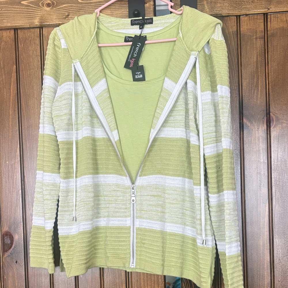 French Kiss Green and White Striped Hoodie